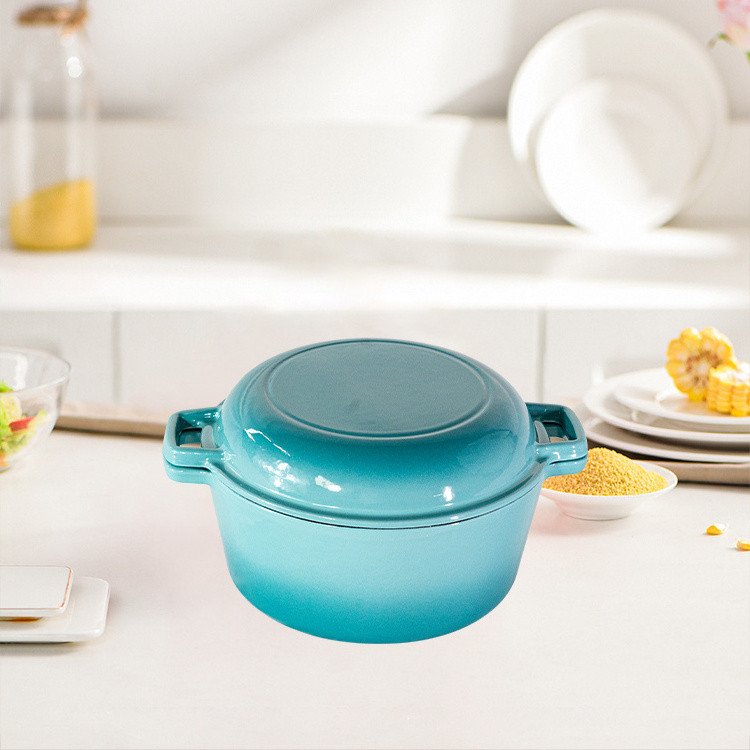 Wholesale by manufacturer Blue Multifunction Enamel Cast Iron Pot with Pan Lid 2 in 1 Combo Cooker Household