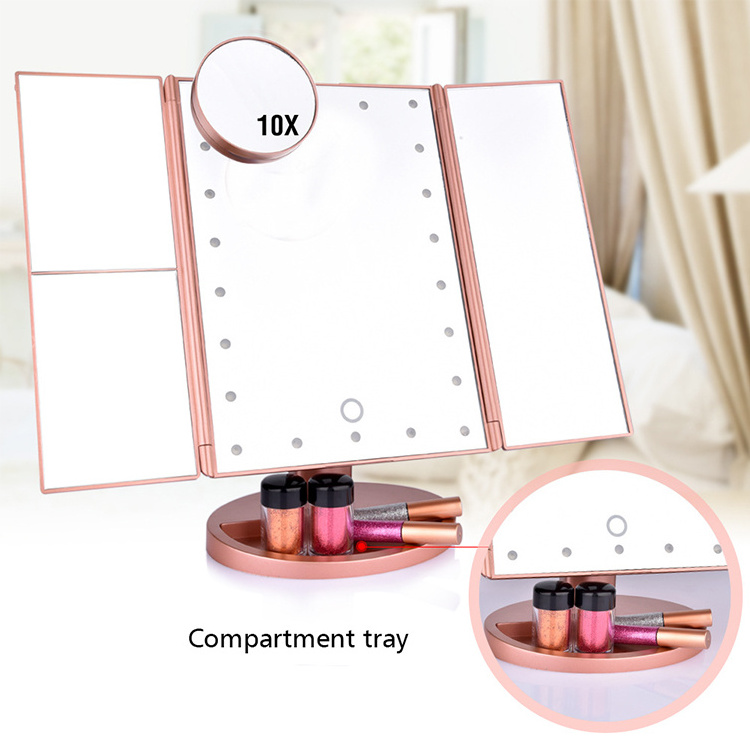 Dual Power Supply Trifold Vanity Mirror with 2X 3X 10X Magnification LED Make up Mirror with Lighting