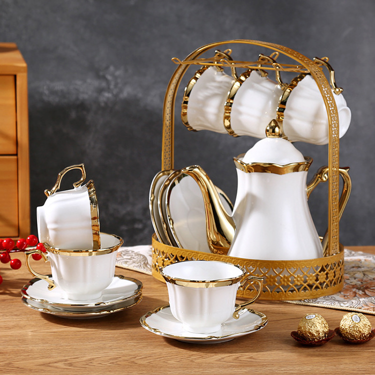 Hot Selling ceramic golden tea set Gold Rim teapot tea cup saucer set With Tray for Home Restaurant Use