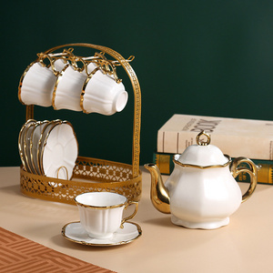 Hot Selling ceramic golden tea set Gold Rim teapot tea cup saucer set With Tray for Home Restaurant Use