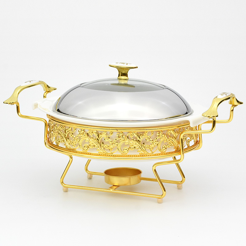 Gold Chafing Dish Round Shape Hotel Food warmer Chafing Dishes ceramic Buffet Food Warmer Dish for Wedding