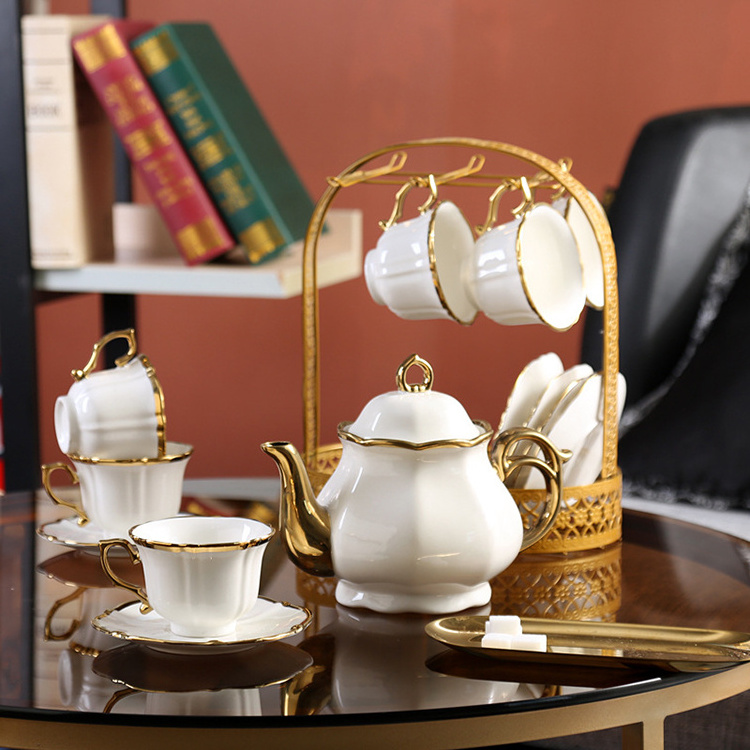 Hot Selling ceramic golden tea set Gold Rim teapot tea cup saucer set With Tray for Home Restaurant Use