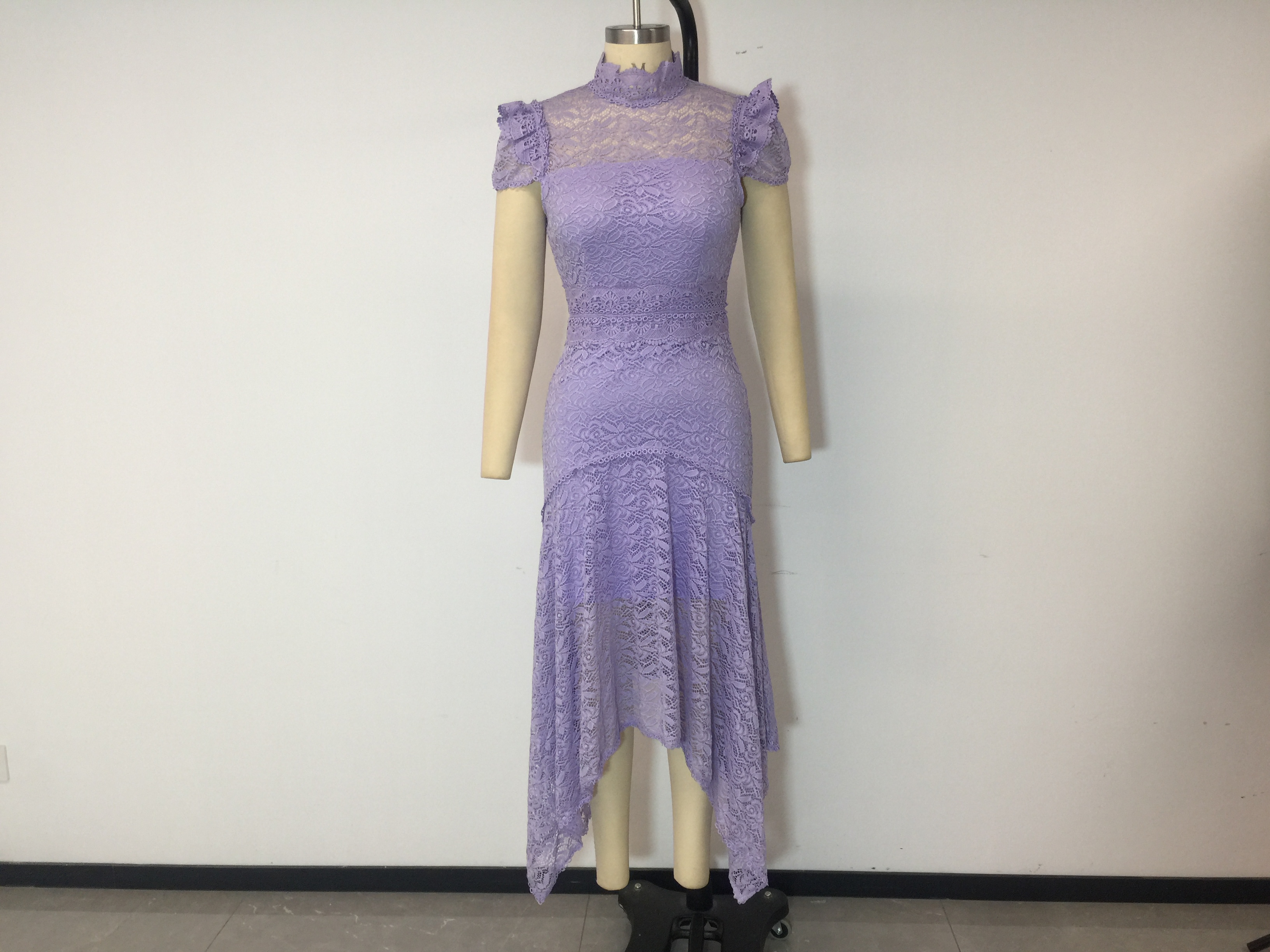 Elegant Purple Pure Color Ladies Daily Dress Short Sleeve Lacework Irregular Hem Midi Dress Macrame Women Lace Casual Dresses