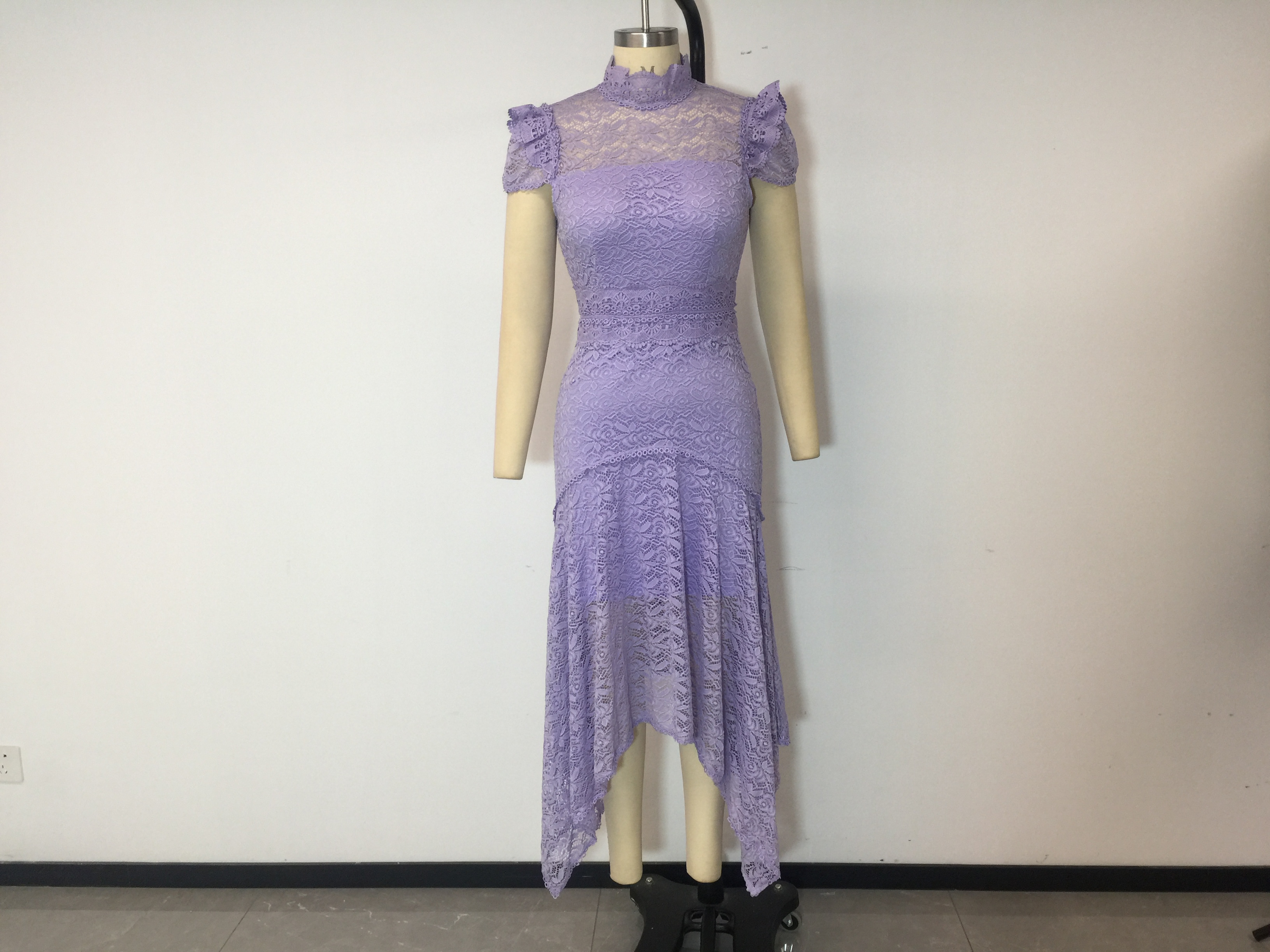 Elegant Purple Pure Color Ladies Daily Dress Short Sleeve Lacework Irregular Hem Midi Dress Macrame Women Lace Casual Dresses