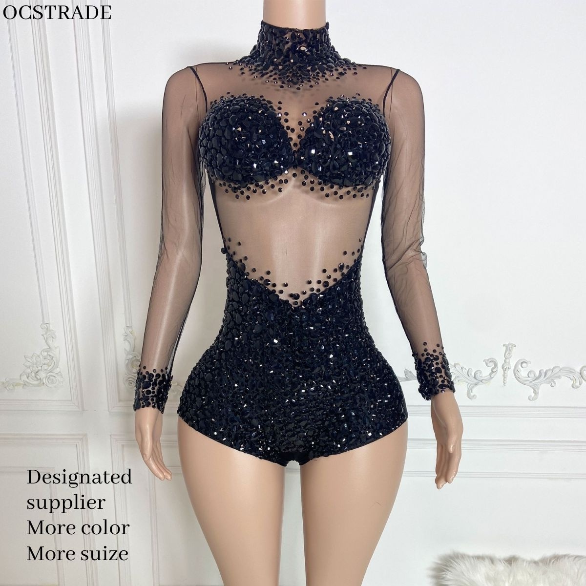 Ocstrade Ready To Ship Products Long Sleeve Romper Jumpsuit Women Rhinestone Sexy Mesh See Through Rompers Jumpsuit For Women