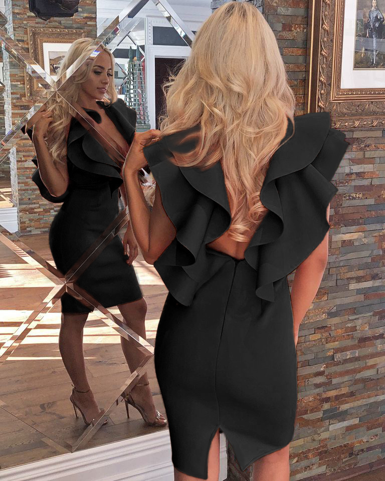 Ocstrade Womens Orange Black White Deep V Neck Backless Ruched  bandaged Dresses Ruffle Midi Sexy Cocktail Dress for Ladies Club