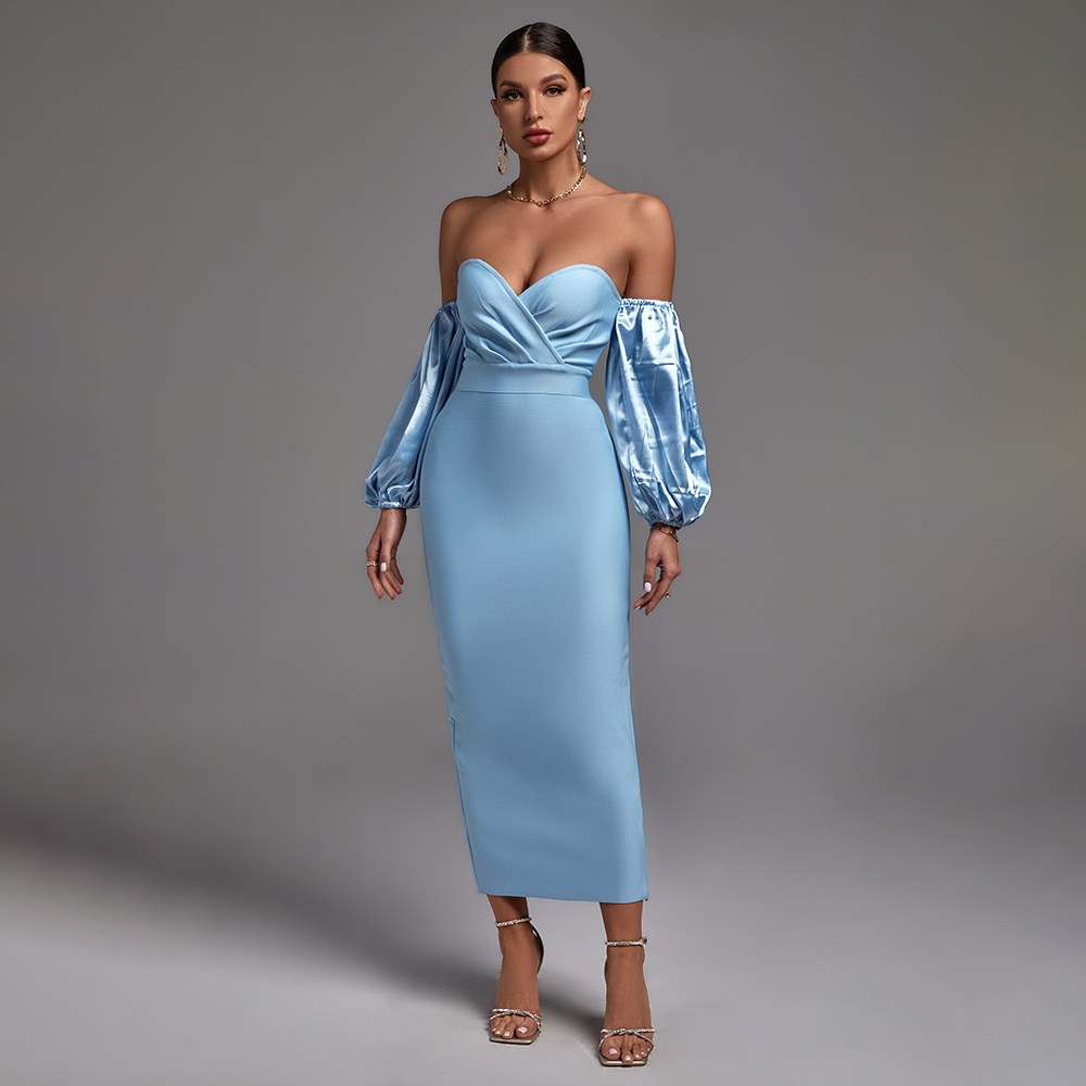 Ocstrade Custom Female Blue Midi Strapless Puff Sleeve Dress Vestido Dress Tight Fitted Dresses Bodycon Party Wear