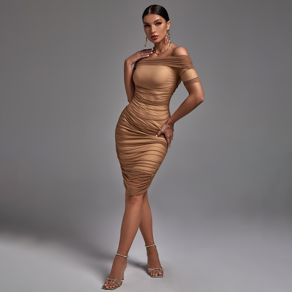 Ocstrade Summer Bodycon Pleated Off The Shoulder Solid Color Smocked Midi Dress Knee-length Ladies Nude Elegant Casual Dresses