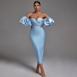 Ocstrade Custom Female Blue Midi Strapless Puff Sleeve Dress Vestido Dress Tight Fitted Dresses Bodycon Party Wear