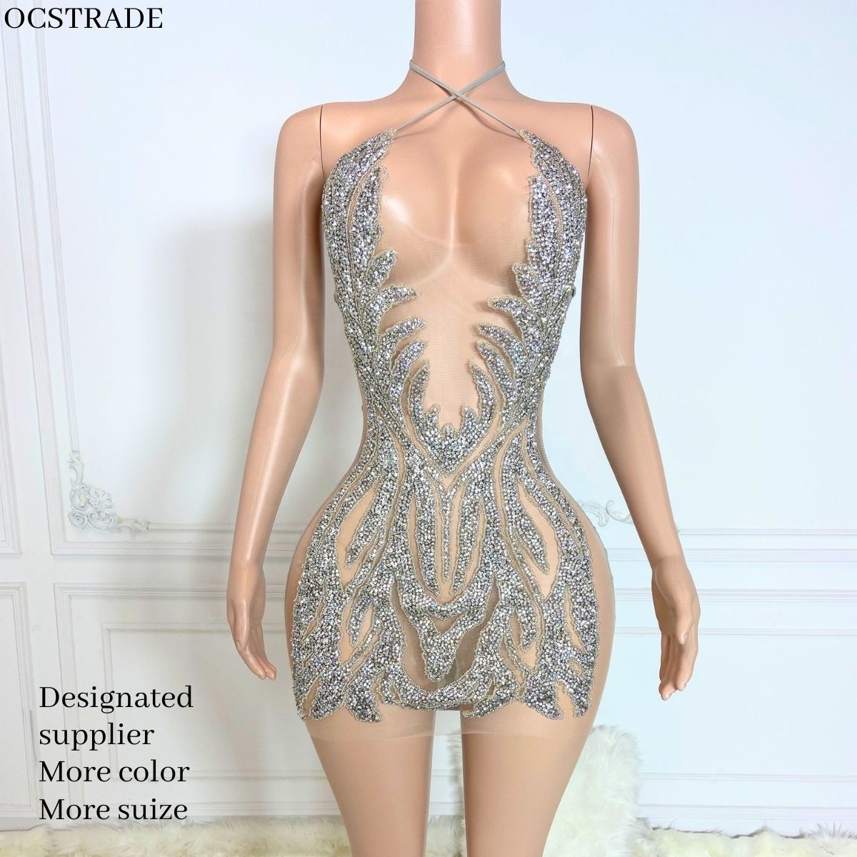 Ocstrade Hot Selling Women Sexy Silver Rhinestone Backless Short Evening Dress See Through Halter Vestidos Mujer Party Dress