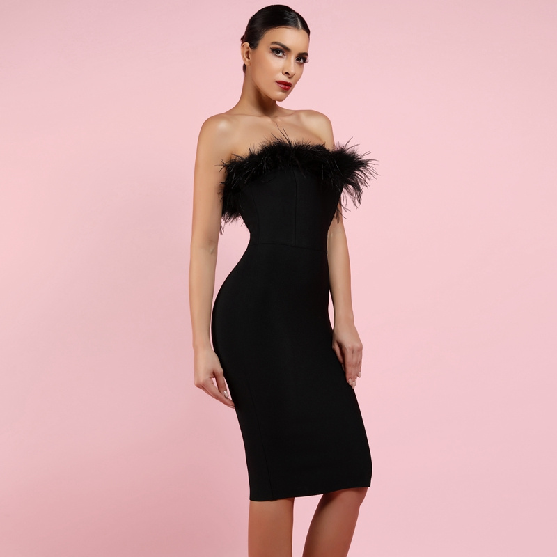 2021 New Stylish feathers embellished strapless womens party dress cocktail dresses for sexy evening dinner