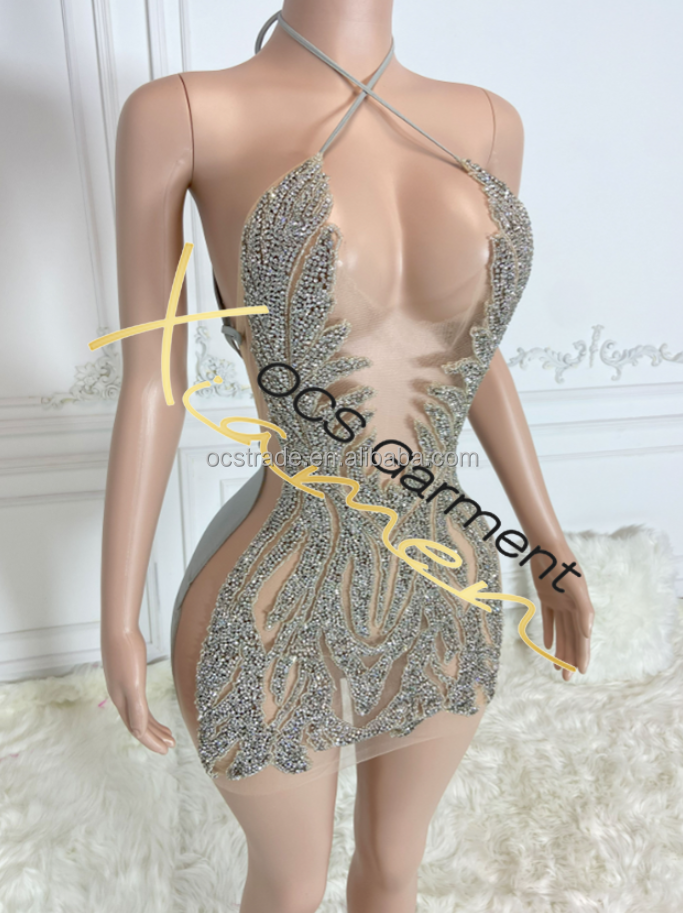 Ocstrade Hot Selling Women Sexy Silver Rhinestone Backless Short Evening Dress See Through Halter Vestidos Mujer Party Dress