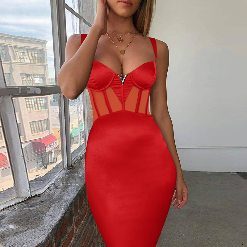 2020 Sexy Women Spaghetti Strap See Through Sheer Striped Corset Bodycon Designer Dress for Cocktail