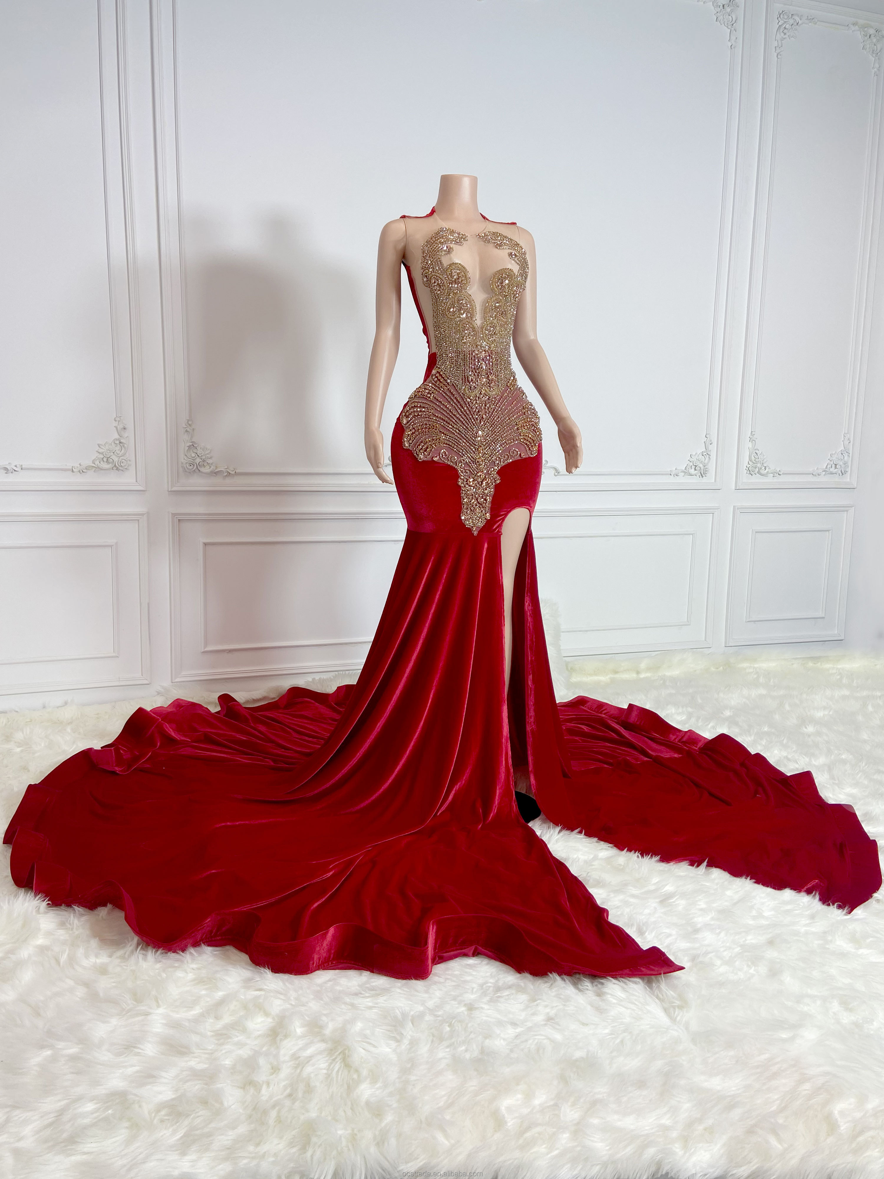 Ocstrade Vestido High Split Red Prom Dresses 2023 Evening Gowns Sexy Ball Gown Rhinestone Dress Woman Bling Sexy Party Dresses