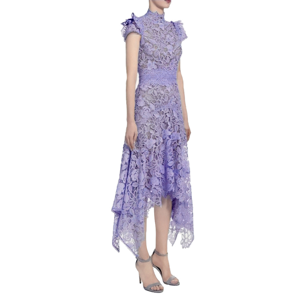 Elegant Purple Pure Color Ladies Daily Dress Short Sleeve Lacework Irregular Hem Midi Dress Macrame Women Lace Casual Dresses