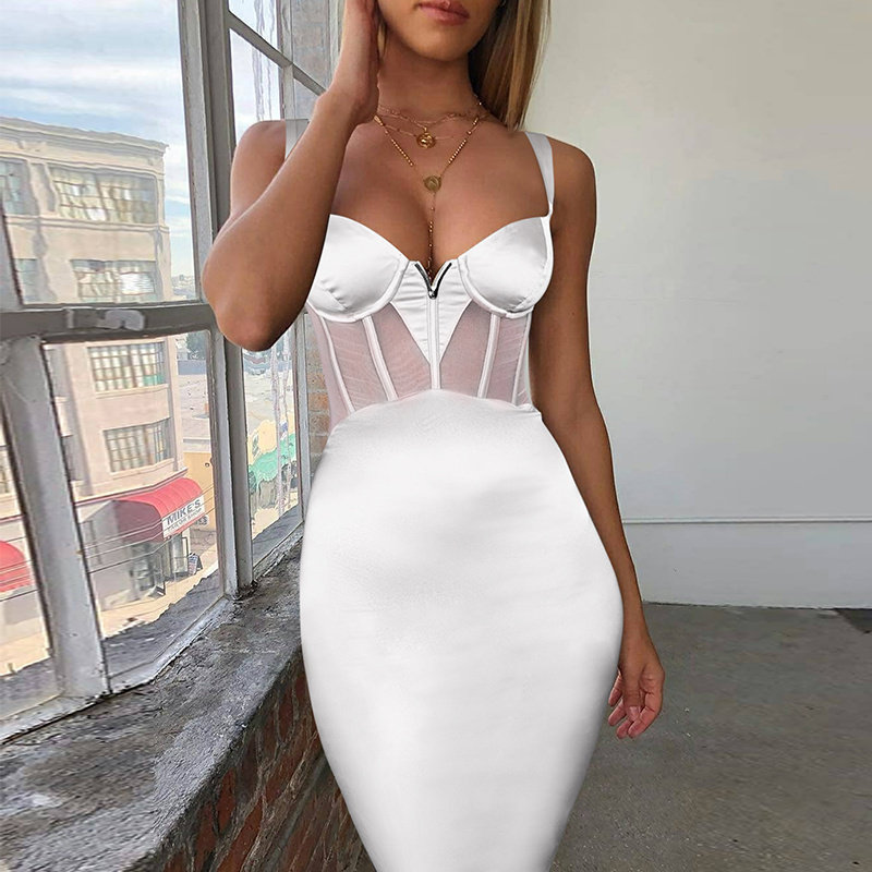 2020 Sexy Women Spaghetti Strap See Through Sheer Striped Corset Bodycon Designer Dress for Cocktail