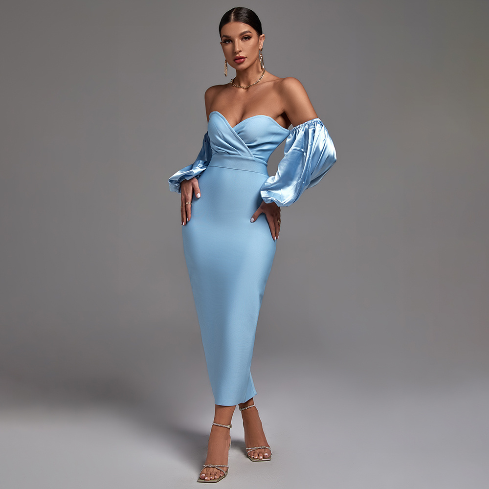 Ocstrade Custom Female Blue Midi Strapless Puff Sleeve Dress Vestido Dress Tight Fitted Dresses Bodycon Party Wear