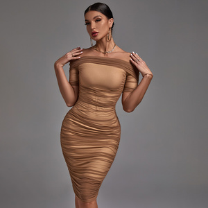 Ocstrade Summer Bodycon Pleated Off The Shoulder Solid Color Smocked Midi Dress Knee-length Ladies Nude Elegant Casual Dresses