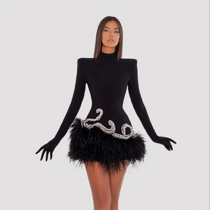 Ocstrade Singing Performance Clothes Rhinestone Birthday Dress Party Sexy 2023 Mini Velvet Black Feather Dress With Long Gloves