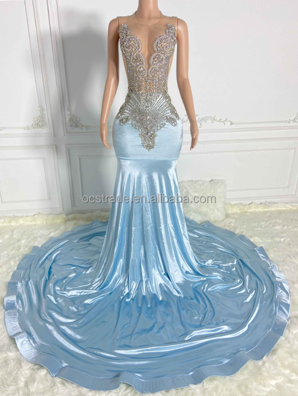 Ocstrade Sky Blue Ball Gown Prom Dresses Black Girls Evening Gowns Sexy Rhinestone Mermaid Wedding Dress Bridal Party Maxi Dress