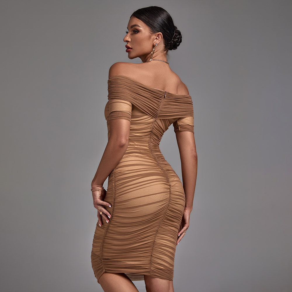 Ocstrade Summer Bodycon Pleated Off The Shoulder Solid Color Smocked Midi Dress Knee-length Ladies Nude Elegant Casual Dresses