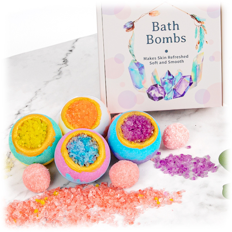 Luxury  Handmade Geode Bath Bomb Gift Set 90g*4 Colorful Crystal Bath Salt in Bathbomb