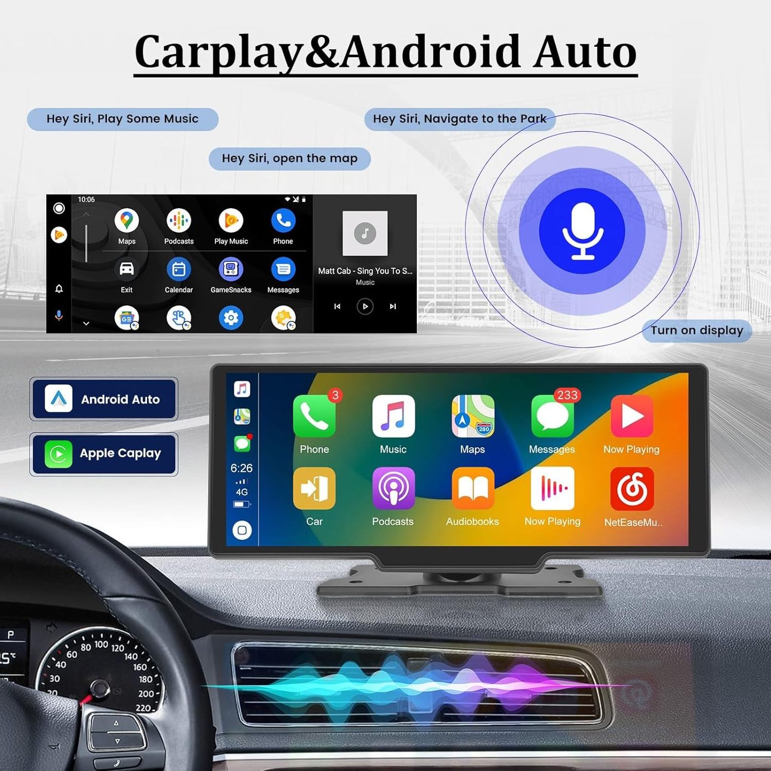 Portable AUX FM GPS Car Radio with Dashcam 6.86 inch Android Auto Carplay front rear view backup camera