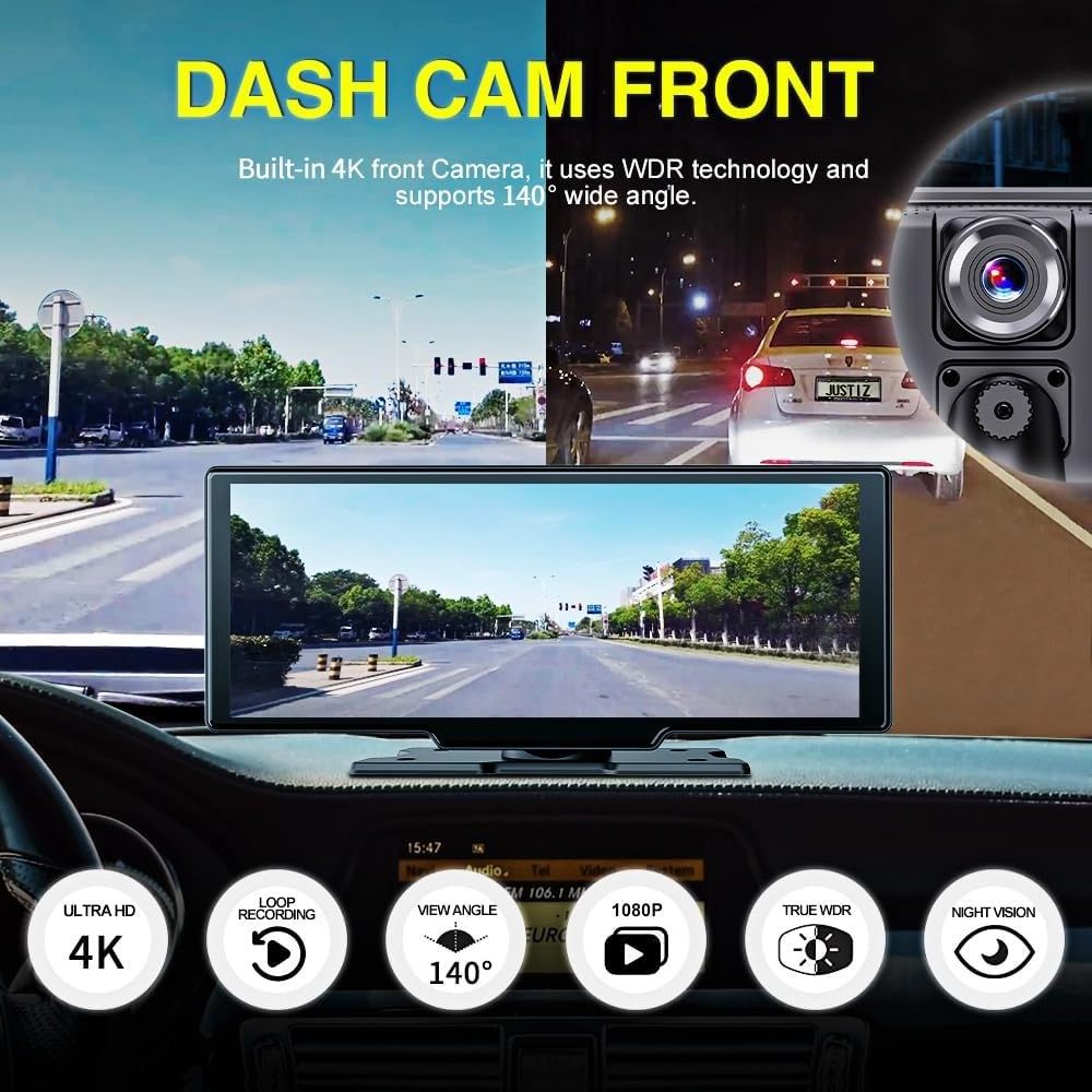 Portable AUX FM GPS Car Radio with Dashcam 6.86 inch Android Auto Carplay front rear view backup camera