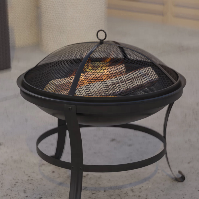 Patio Heater Spark Protect Tripod Freestanding Wood Burning Fire Bowl with Poker and BBQ Grill Grate