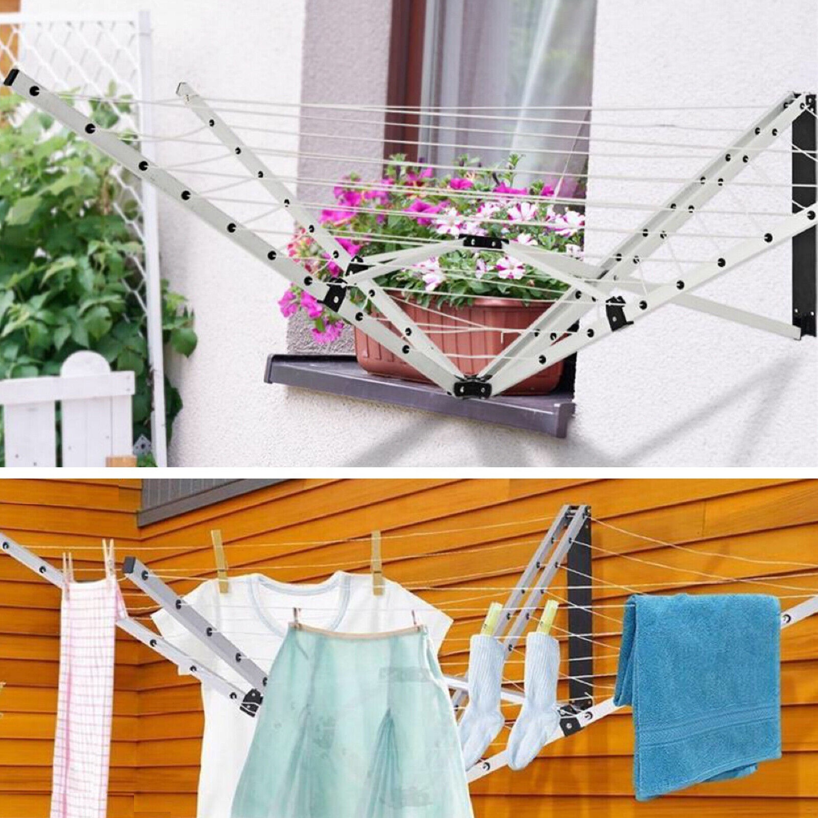 Outdoor Garden Easy Assemble Folding 5Arm Wall-mounted Rotary Cloth Airer with 26Meters Washing Line