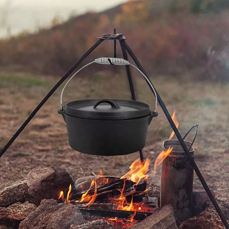 Factory Price ODM OEM Outdoor Camping Kitchen Cookware 7pcs High Quality Pre-seasoned Cast Iron Sause Pot Dutch Oven Wooden Box