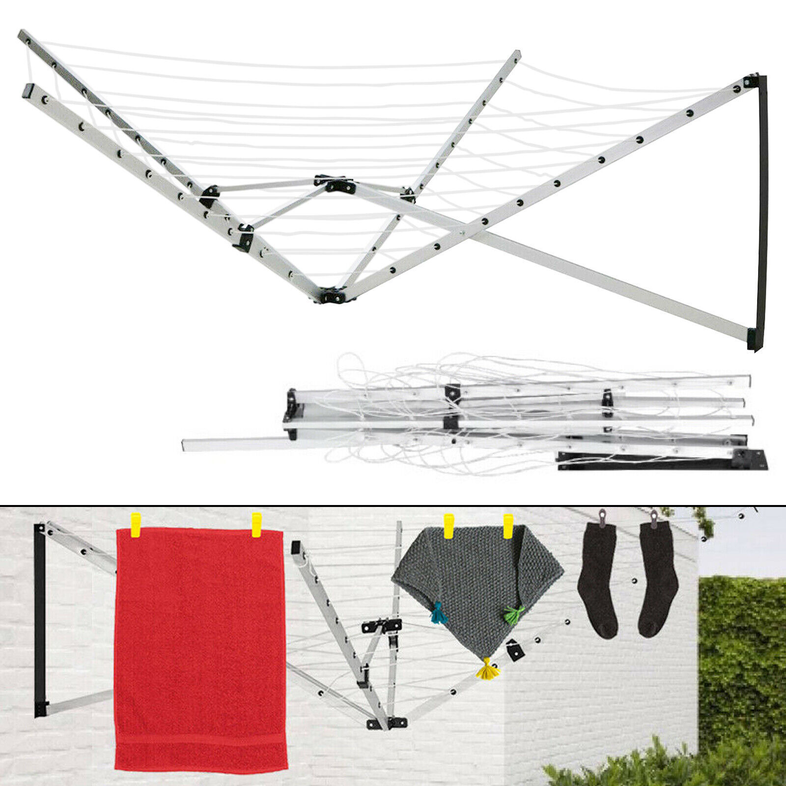 Outdoor Garden Easy Assemble Folding 5Arm Wall-mounted Rotary Cloth Airer with 26Meters Washing Line