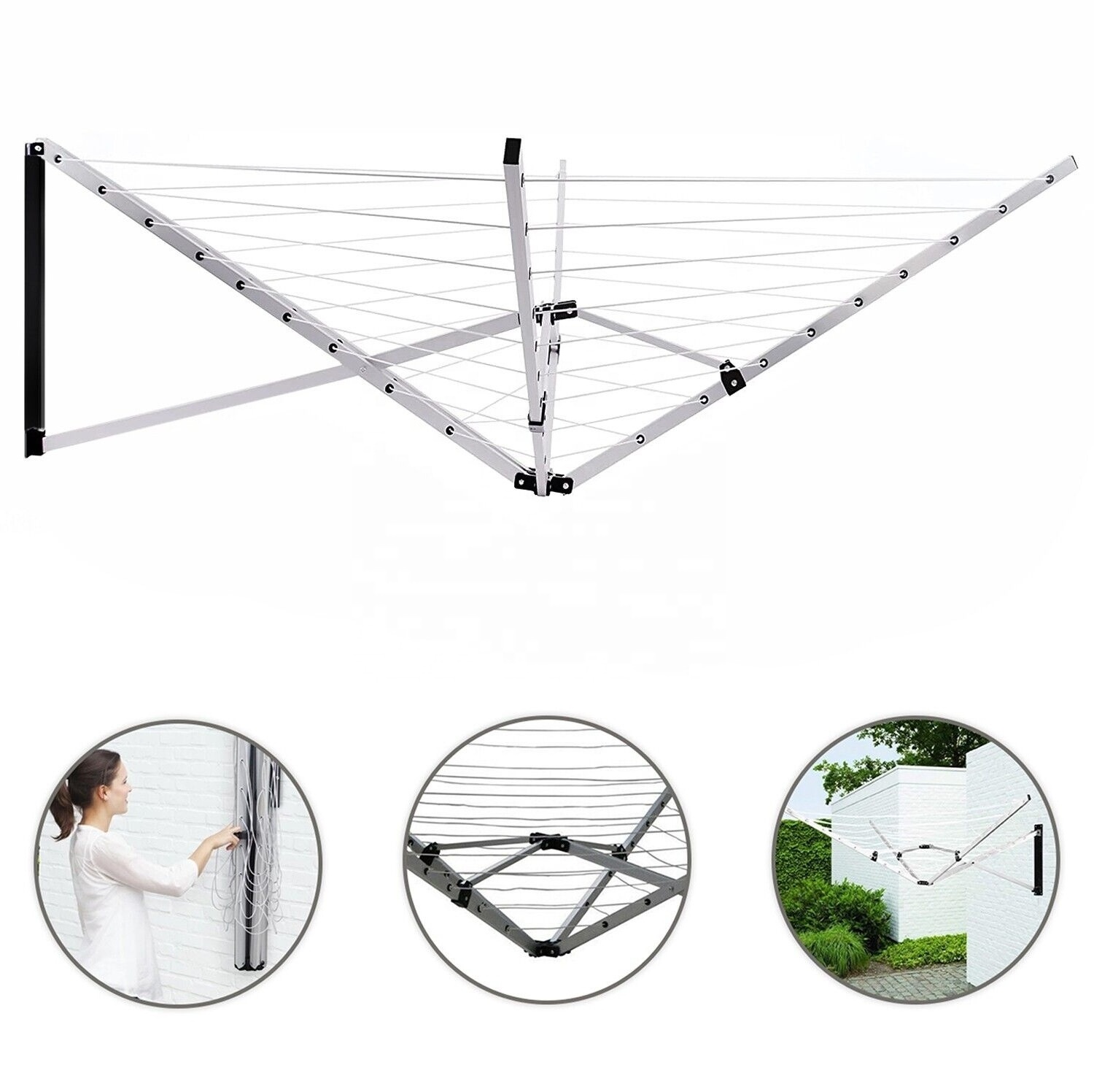 Outdoor Garden Easy Assemble Folding 5Arm Wall-mounted Rotary Cloth Airer with 26Meters Washing Line