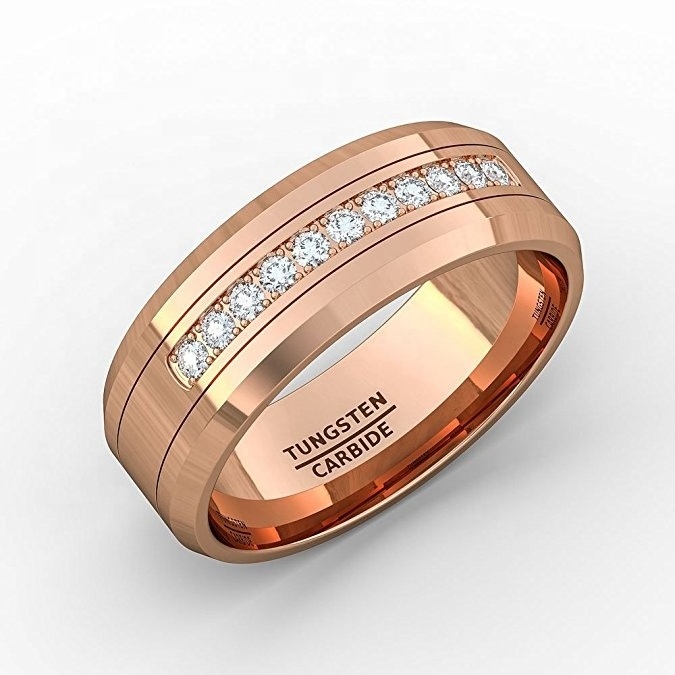 8mm Rose Gold Tungsten Carbide Ring 11 Cubic Zircon Mens Wedding Comfort Fit ring band