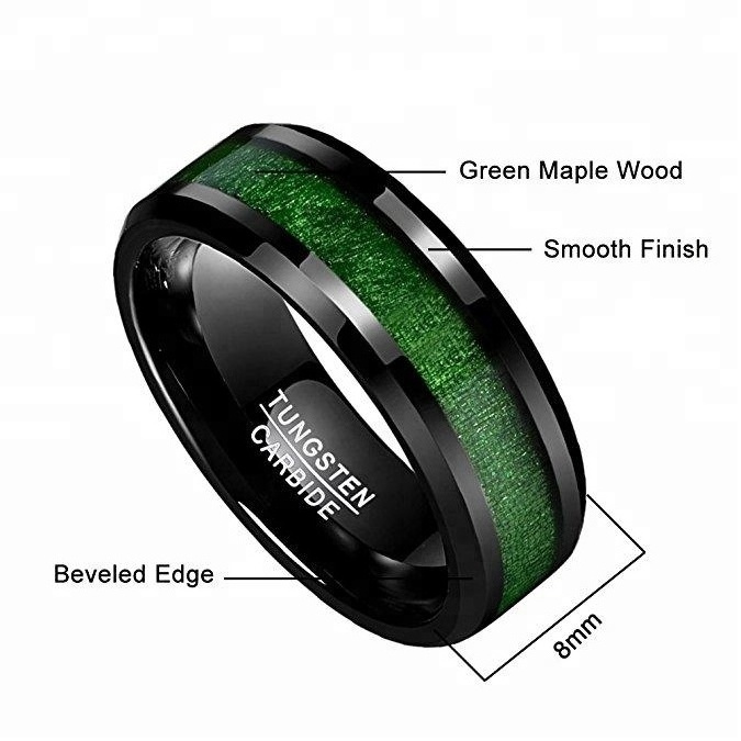 8mm Black Tungsten Carbide Ring Green Maple Wood Inlay Wedding Band High Polished Finish Comfort Fit