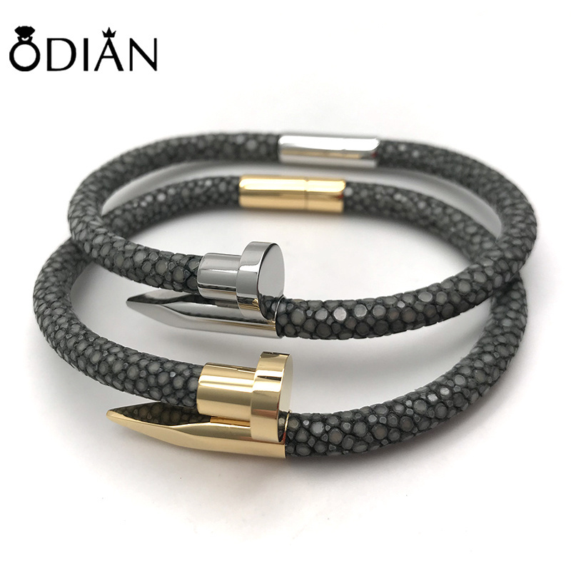 Odian Jewelry genuine stingray and snake  leather stainless steel nail bracelets nail bracelet for man and women