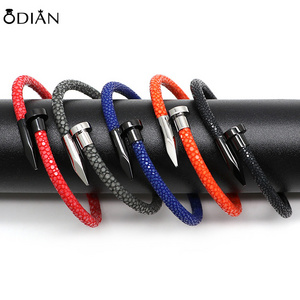 Odian Jewelry genuine stingray and snake  leather stainless steel nail bracelets nail bracelet for man and women