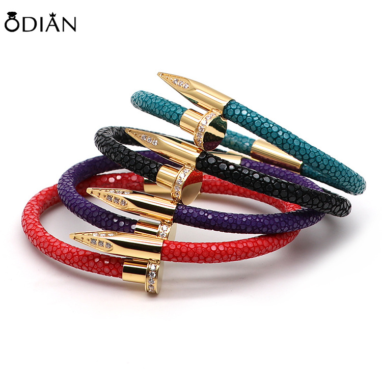 Odian Jewelry genuine stingray and snake  leather stainless steel nail bracelets nail bracelet for man and women