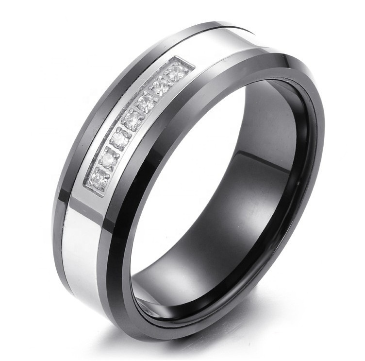 Odian Jewelry 8mm Luxury High Quality Shining Diamond Stone Bevel Edge Comfort Fit Silver Men Tungsten Ring