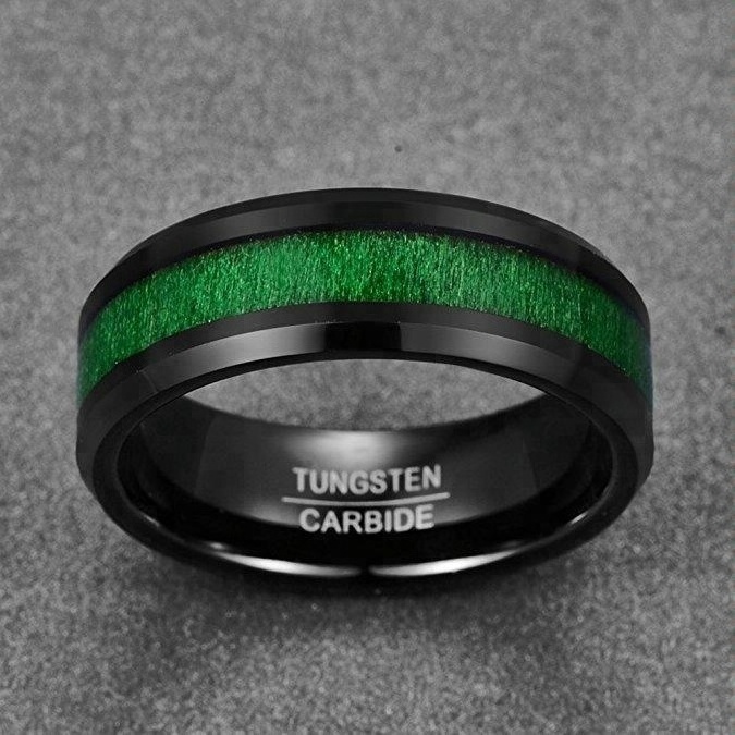 8mm Black Tungsten Carbide Ring Green Maple Wood Inlay Wedding Band High Polished Finish Comfort Fit