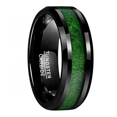 8mm Black Tungsten Carbide Ring Green Maple Wood Inlay Wedding Band High Polished Finish Comfort Fit