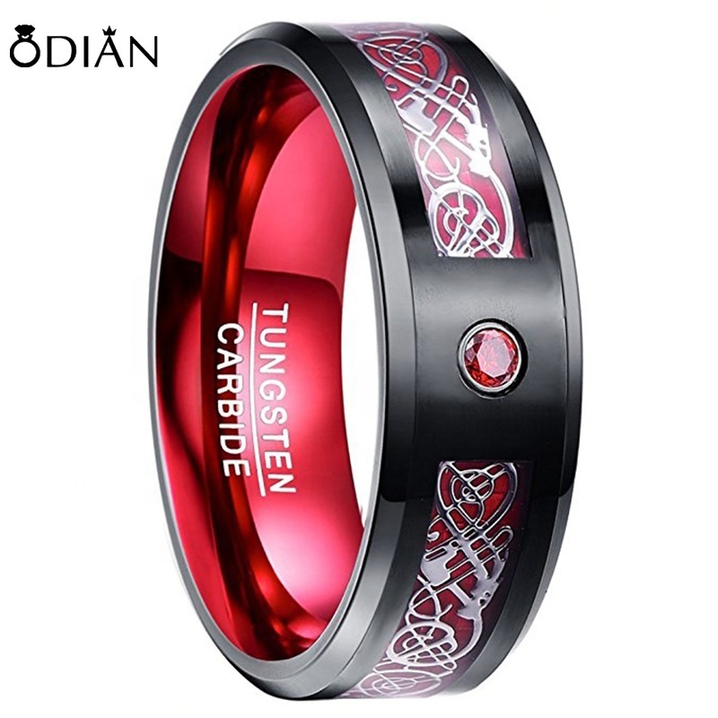 Celtic Dragon Blue Tungsten Carbide Wedding Band Ring for Men 8mm red rings inlaid inside