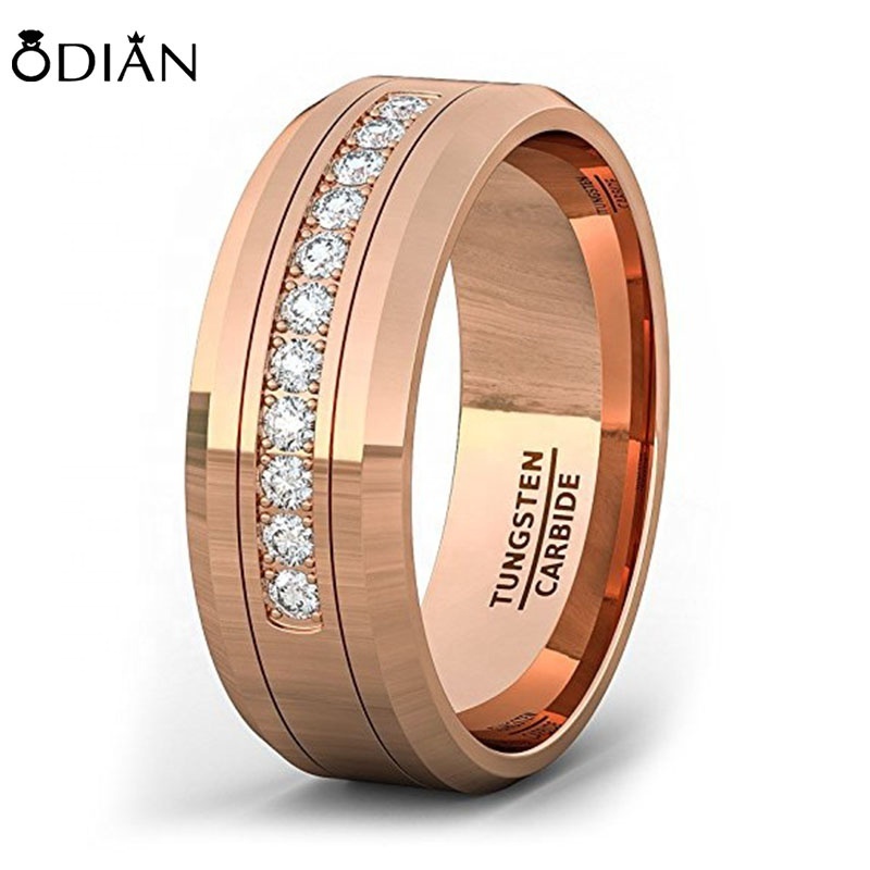 8mm Rose Gold Tungsten Carbide Ring 11 Cubic Zircon Mens Wedding Comfort Fit ring band