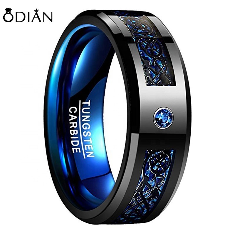 Celtic Dragon Blue Tungsten Carbide Wedding Band Ring for Men 8mm red rings inlaid inside