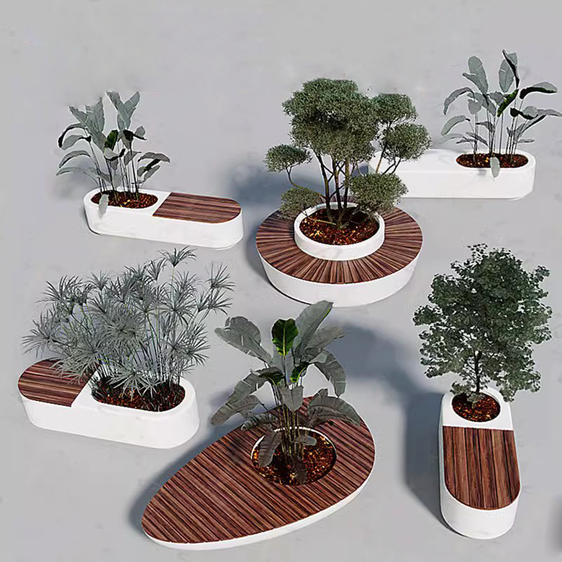 Y411 Flowerpot chair Set tree planter bench public flower pot wood grain frp furniture garden bench waiting chairs