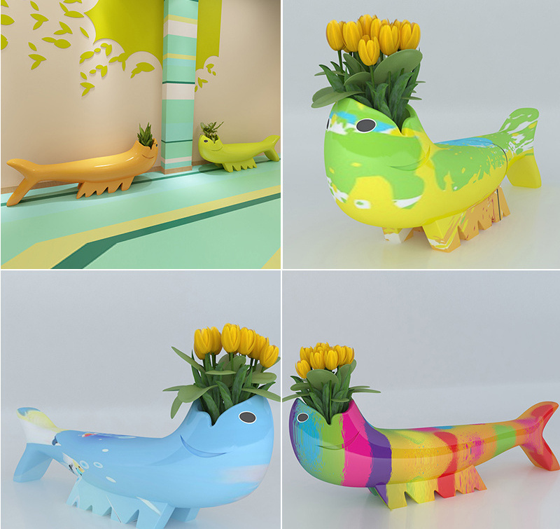 Y428 Fiberglass fish shaped bench custom outdoor art decoration stool art chair with flower pot lounge sofa furniture