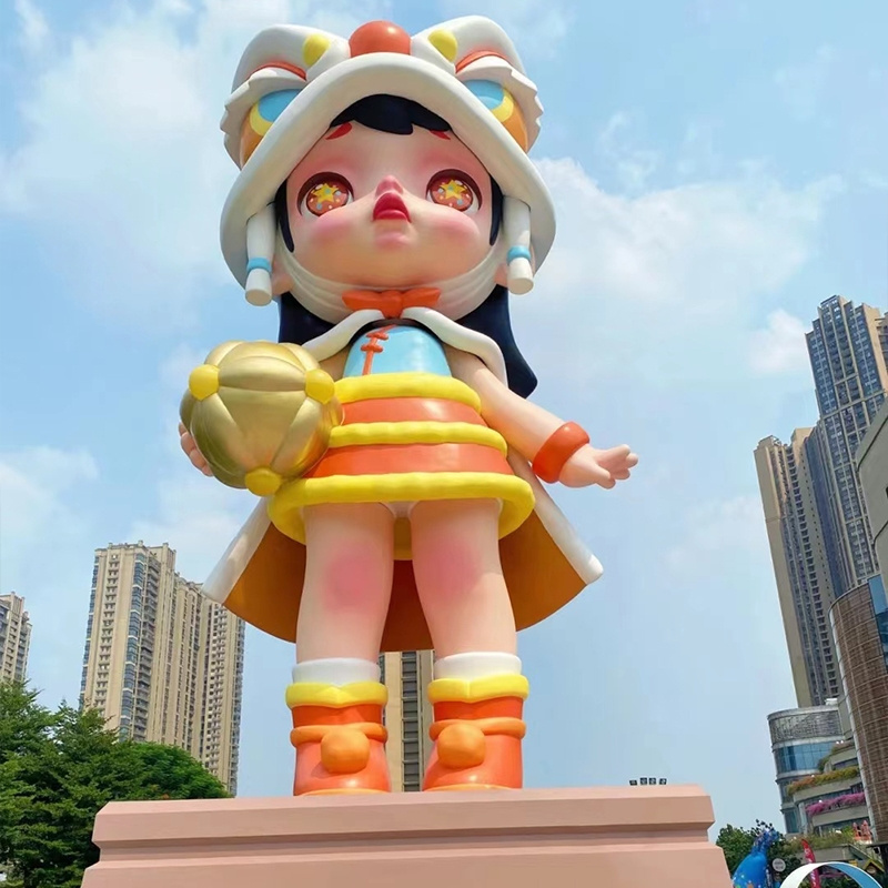 K252 Cartoon girl playing China lion Modern girl sculpture custom public decoration garden anime statue decor sculpture