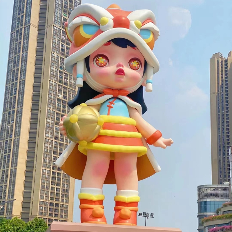 K252 Cartoon girl playing China lion Modern girl sculpture custom public decoration garden anime statue decor sculpture