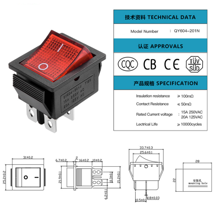 KCD4 AC 20A 125V 15A 250V T85 DPST 4 Pins 2 Position ON Off Red Light Illuminated Boat Rocker Switch