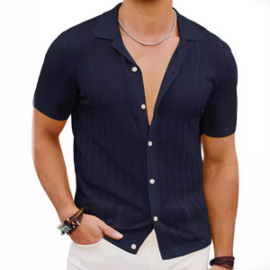 odoodem mens fashion hollow out knitted blouse casual single breasted short sleeve blouse